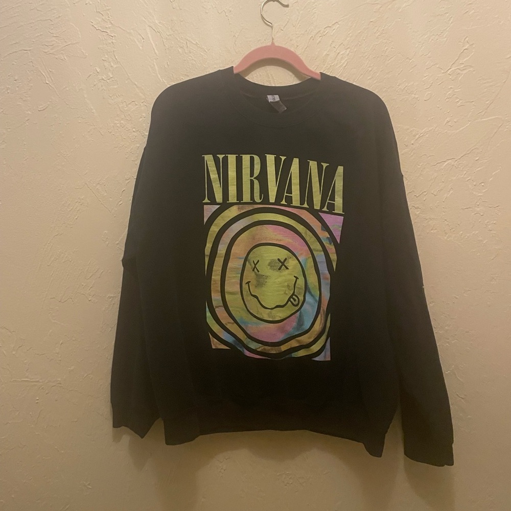 Gildan Black Crewneck Sweatshirt with Multicolor Tie-Dye Nirvana Graphic